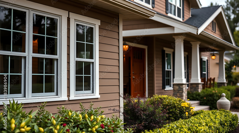 A brown-sided house with white-framed windows and a covered porch.  Landscaping includes bushes and low shrubs. The front door is a reddish-brown wood.  Exterior lighting is visible.