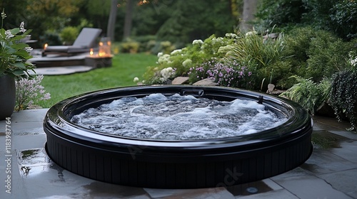 Backyard hot tub bubbling, garden backdrop, relaxation photo