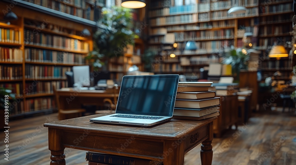 Laptop on table in a historic library Laptop on table in a historic library