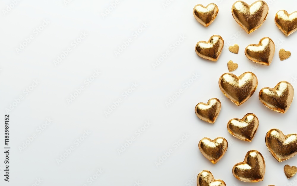 A clean white background with gold foil heart accents for Saint Valentines Day A clean white background with gold foil heart accents for Saint Valentines Day