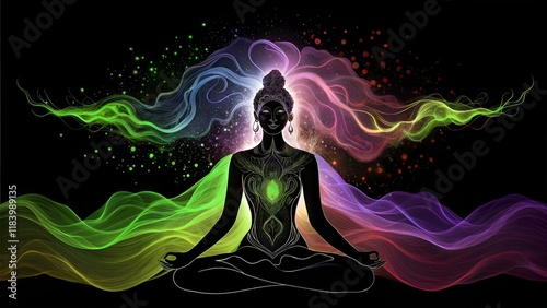 Female figure in a meditative pose with a glowing heart chakra and vibrant energy against a dark abstract background photo