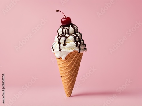 Ice cream cone with cherry on pink background