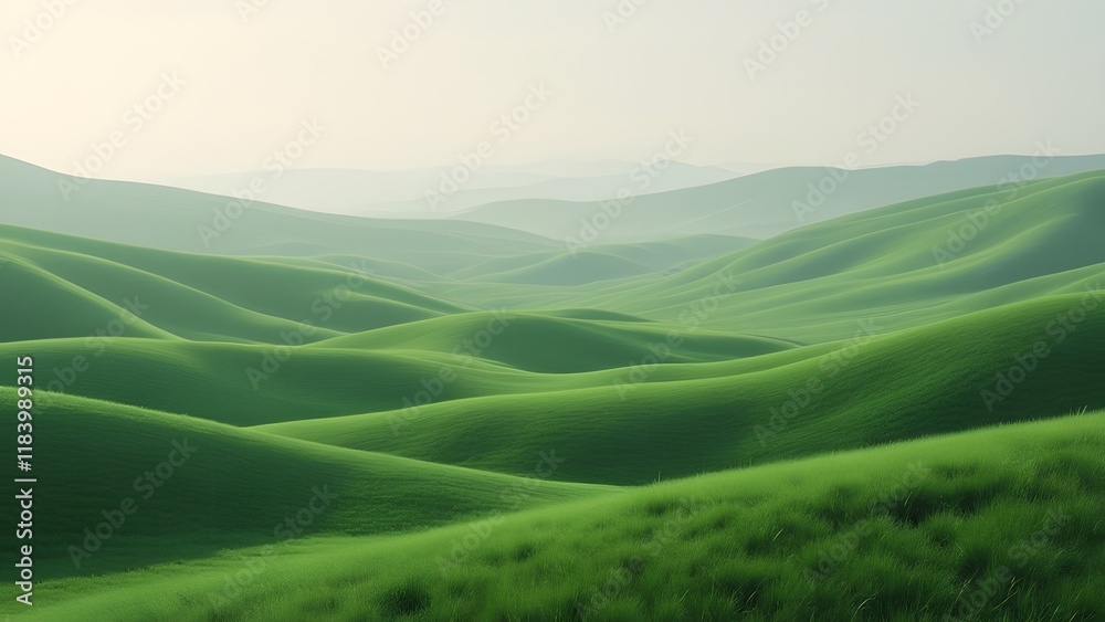 Serene Silver-Lit Rolling Hills, Minimalist Lush Green Grass Landscape Photography