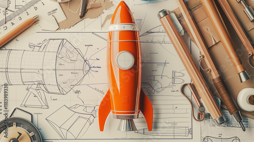 Model rocket on a vintage workbench surrounded by blueprints and crafting tools
