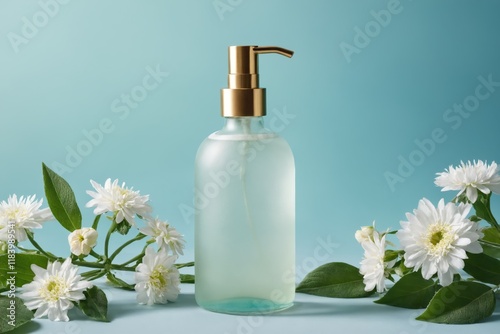 Frosted glass bottle with gold pump surrounded by white flowers