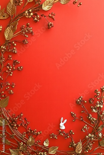 Minimalist Easter Decoration Featuring Golden Foliage and a White Bunny on a Vibrant Red Background for Celebrating Chinese New Year and Festive Occasions