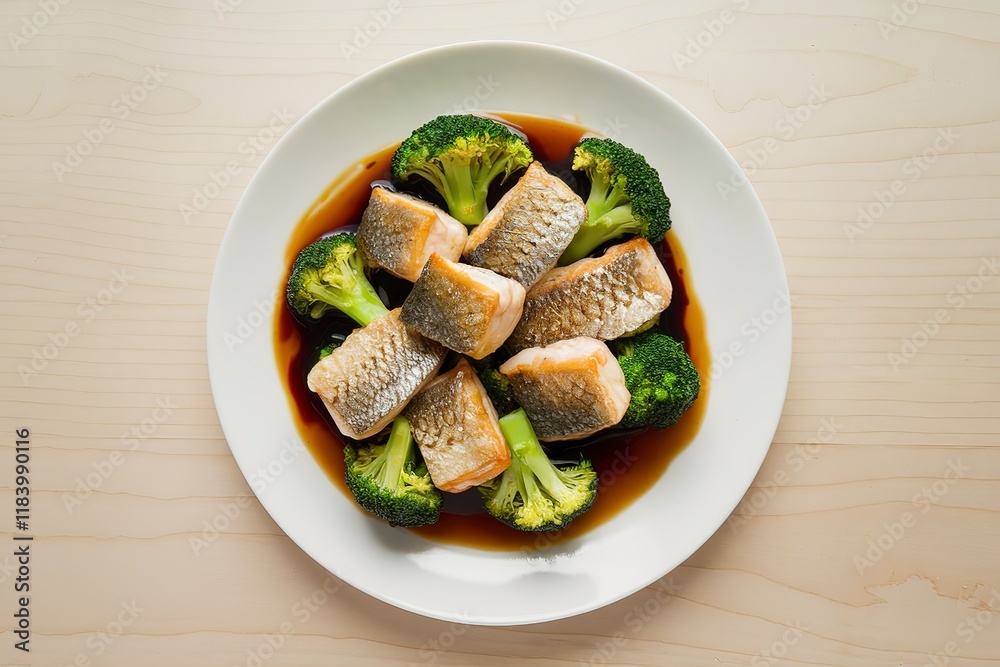 a white plate with chunks of fried fish, broccoli, and a sauce a white plate with chunks of fried fish, broccoli, and a sauce