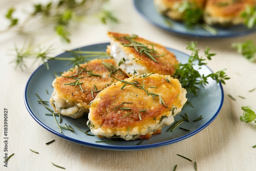 cooked fried fish cutlets in a plate, garnished with fresh herbs cooked fried fish cutlets in a plate, garnished with fresh herbs