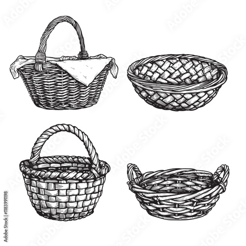 Wicker baskets set. Sketch hand drawn style. Picnic and harvest symbol. Vector illustrations isolated on white.