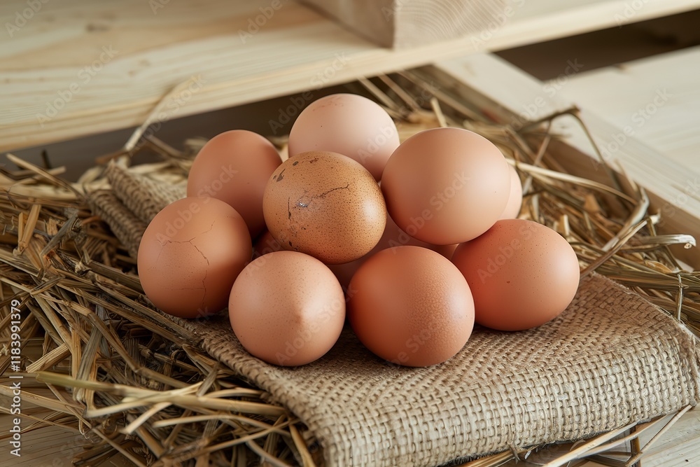 fresh chicken eggs placed on a haystack and on sackcloth fresh chicken eggs placed on a haystack and on sackcloth
