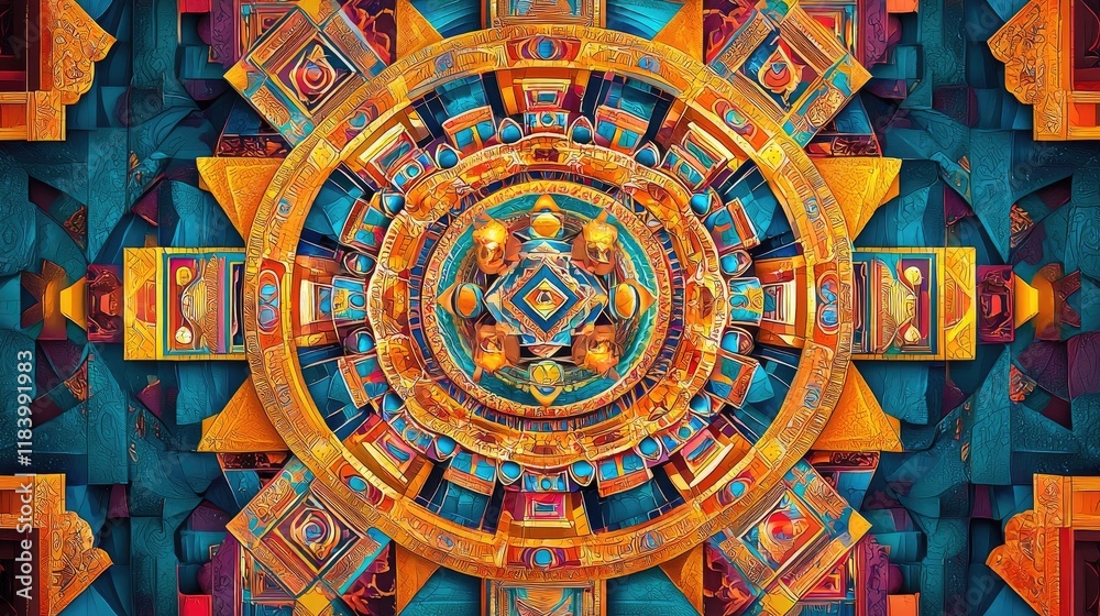 Fototapeta premium Intricate, colorful mandala-like pattern with layered textures and vibrant details. Artistic creativity and spiritual inspiration. Generative by AI.