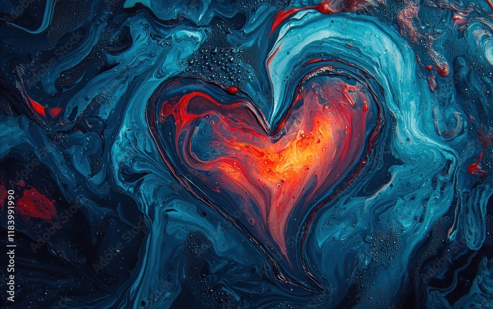 Obraz premium A glowing heart made from swirling liquid paint in shades of blue and red for valentines day