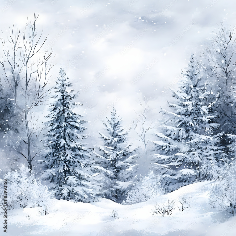 Fototapeta premium Watercolor Winter forest background, Winter Theme snowy forest