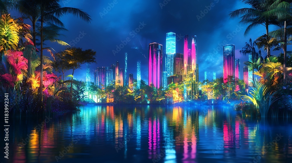 Obraz premium Vibrant futuristic city skyline reflected in tranquil water, surrounded by lush tropical foliage at night.