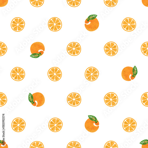 Seamless orange fruit pattern. Vector polka dot print with watercolor citrus fruits slices