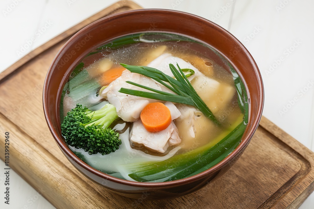 A bowl of fish soup with green onions, carrots, and broccoli A bowl of fish soup with green onions, carrots, and broccoli