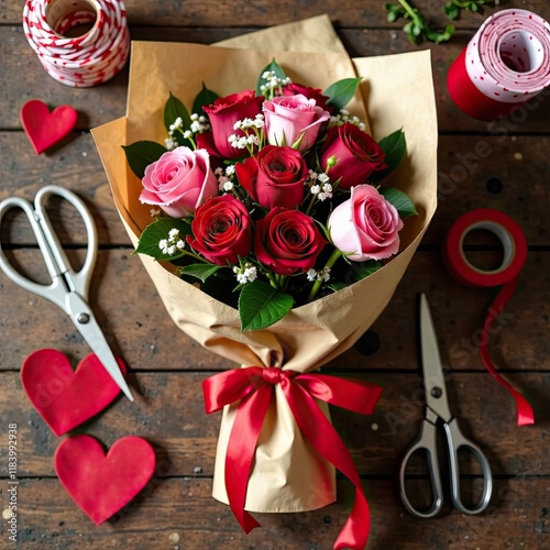 Top view of workspace with bouquet of red and pink roses filled with tools like scissors, ribbons. Perfect for Valentine's Day theme. copy space