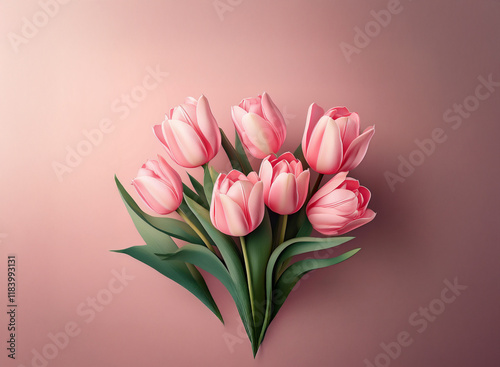 A delicate bouquet of pink and white tulips arranged in a heart shape against a soft pink background.  The image evokes feelings of romance and springtime.