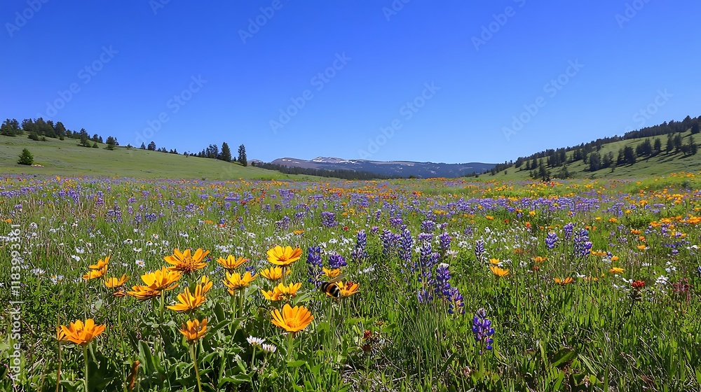 Vibrant wildflowers bloom in a sunny mountain meadow. Vibrant wildflowers bloom in a sunny mountain meadow.