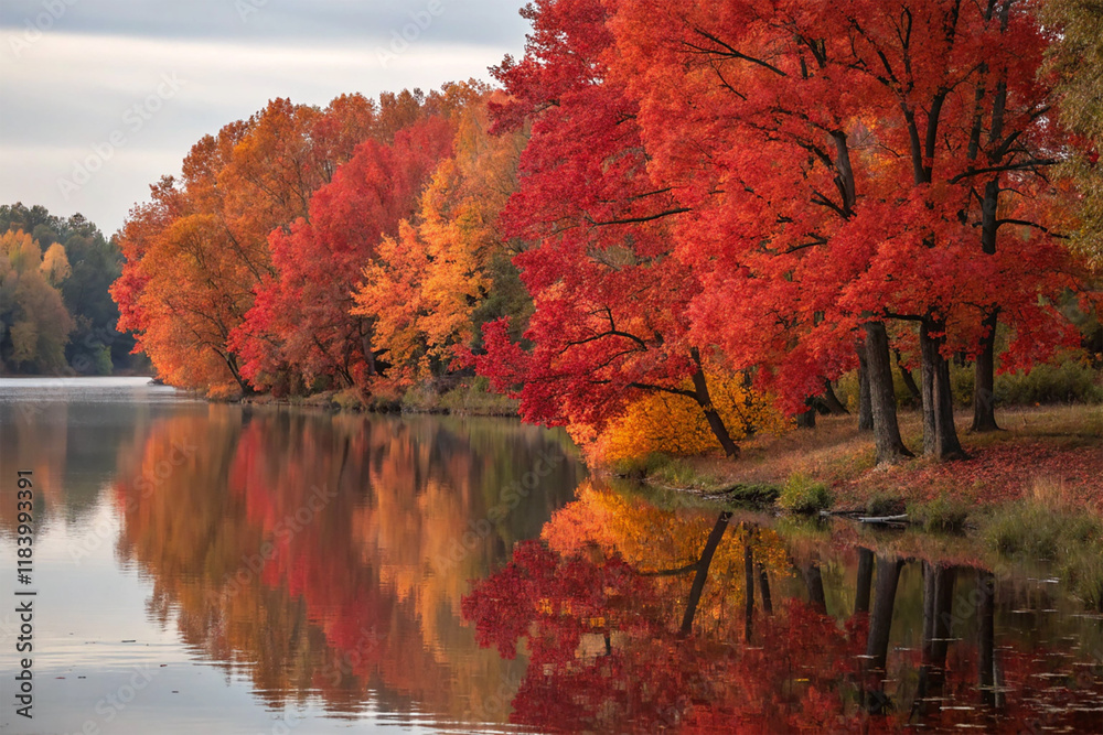 Obraz premium Vibrant red autumn trees reflected in water