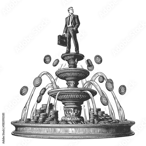 businessman atop a fountain flowing with coins and money stacks, symbolizing wealth and success sketch engraving generative ai vector illustration. Scratch board imitation. Black and white image.