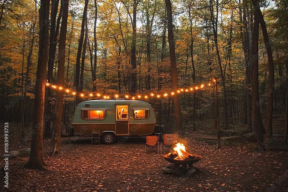 Obraz premium Autumn Camping: Cozy Camper Van beside a crackling campfire under the starry night sky in a tranquil forest.