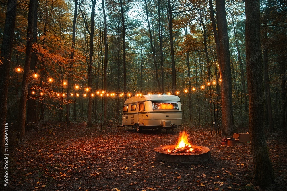 Obraz premium Autumn Camping: Trailer in Woods, Campfire & Fairy Lights, Peaceful Forest Escape.