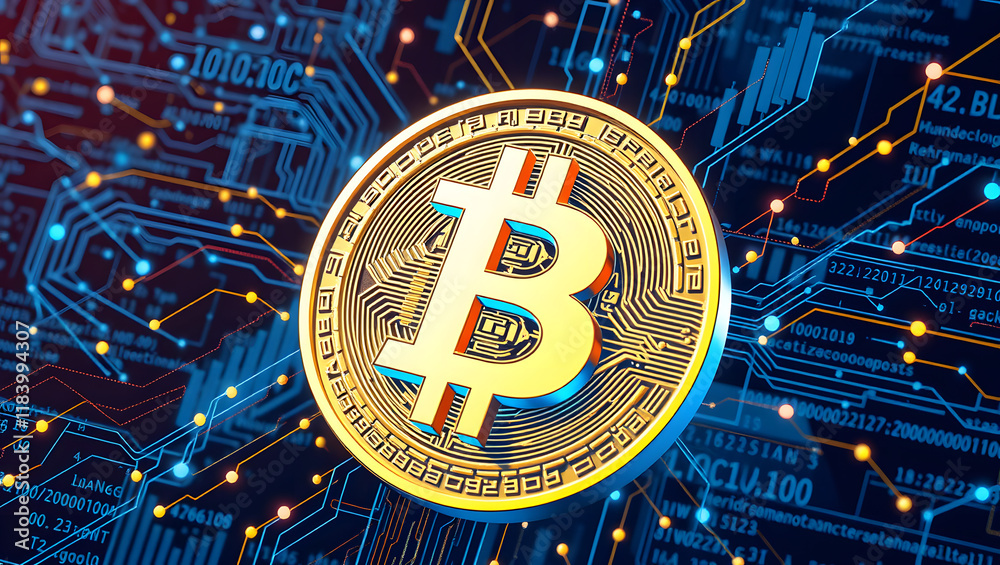 A 3D render of the Bitcoin symbol surrounded by complex blockchain data. Cryptocurrency and Digital Assets A 3D render of the Bitcoin symbol surrounded by complex blockchain data. Cryptocurrency and Digital Assets