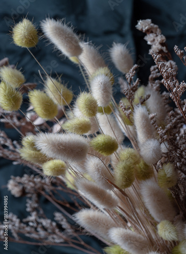 Obraz na płótnie Dry fluffy bunny tails grass flowers bouquet (Hares tail grass) on Dark background. Dried lagurus ovatus flowers, use it as your Wallpaper, Poster and Space for text, Selective focus. w salonie