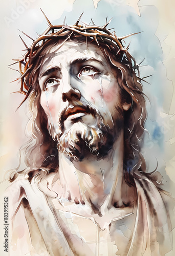 Jesus Christ in a crown of thorns, close-up portrait, watercolor painting