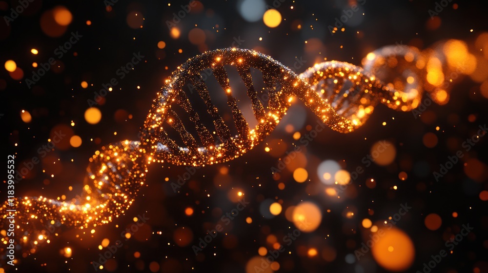 Glowing DNA helix, dark background, sparks, science