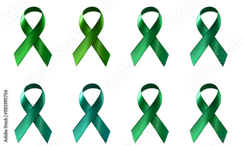 Set of green ribbon for Awareness, Gallbladder, and Bile Duct Cancer Awareness Month on transparent background	 photo