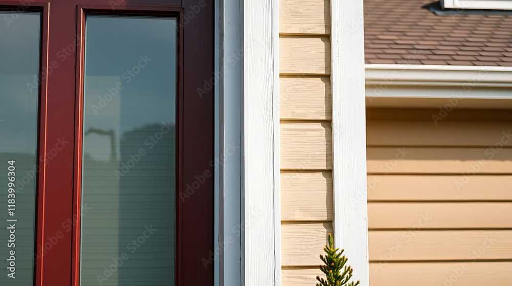 Fototapeta premium Close-up view of a burgundy double door with glass panes, set within a light beige vinyl-sided house. White trim surrounds the door. A small plant is partially visible at the base.