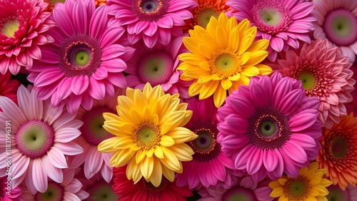 Vibrant Pink and Yellow Floral Composition, Close-up of Colorful Flowers with Detailed Textures