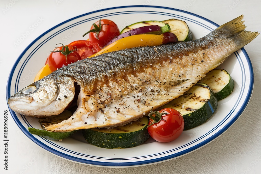 A photo of a grilled fish fillet with a variety of vegetables on a plate A photo of a grilled fish fillet with a variety of vegetables on a plate