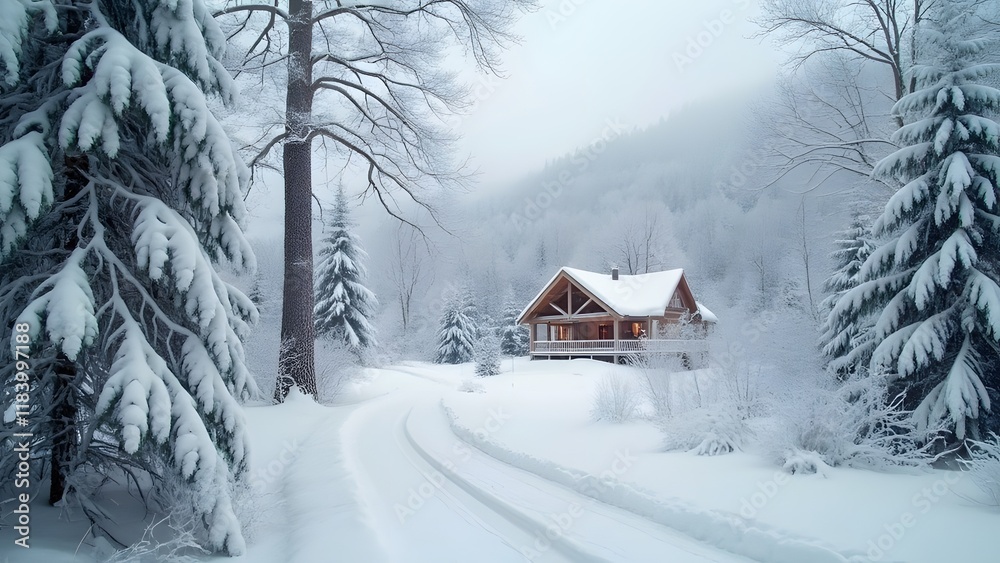Naklejka premium Serene Winter Wonderland, Snow Covered Trees, Cozy Cabin, Snowy Road - AI Generated Image