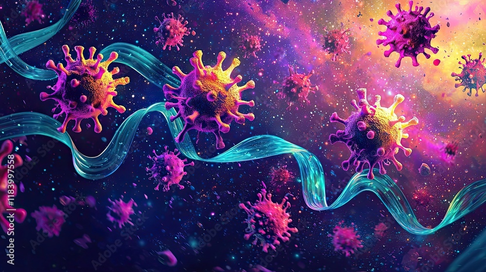 Colorful abstract viruses floating in a cosmic space setting, surrounded by swirling shapes and vibrant colors. Generative by AI. Colorful abstract viruses floating in a cosmic space setting, surrounded by swirling shapes and vibrant colors. Generative by AI.
