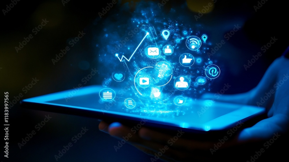 A hand holding a tablet displaying glowing social media and data icons. A hand holding a tablet displaying glowing social media and data icons.