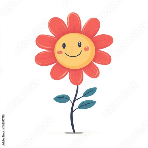 Smiling Flower Illustration: A cheerful cartoon flower with a happy face, perfect for kids' books, cards, or any project needing a touch of joy and springtime cheer. photo