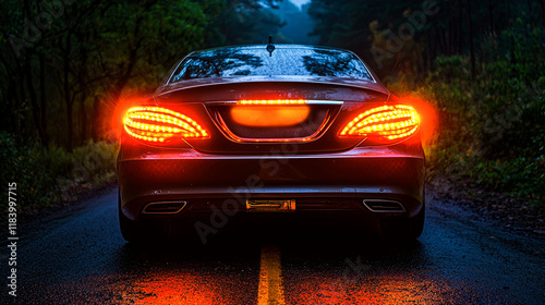 Luxury Car on a Dark Night Road: Captivating View of Taillights photo