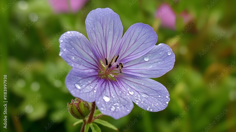 A macro shot of a vibrant wildflower blooming in a grassy meadow, with dew droplets glistening on its petals. The surrounding environment features lush greenery and soft sunlight filtering through A macro shot of a vibrant wildflower blooming in a grassy meadow, with dew droplets glistening on its petals. The surrounding environment features lush greenery and soft sunlight filtering through