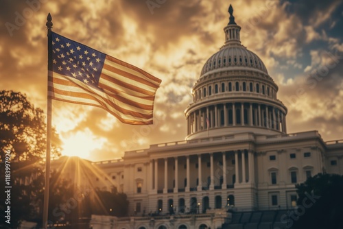 Amerikanische Flagge und das Kapitol bei Sonnenuntergang – Symbolik und Geschichte