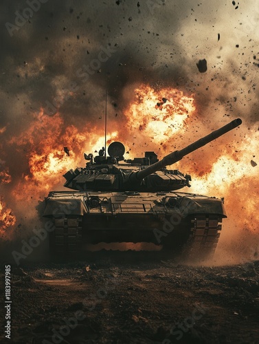 A tank advances through a dramatic battlefield filled with explosions and smoke, showcasing the intensity of military engagement in a war
