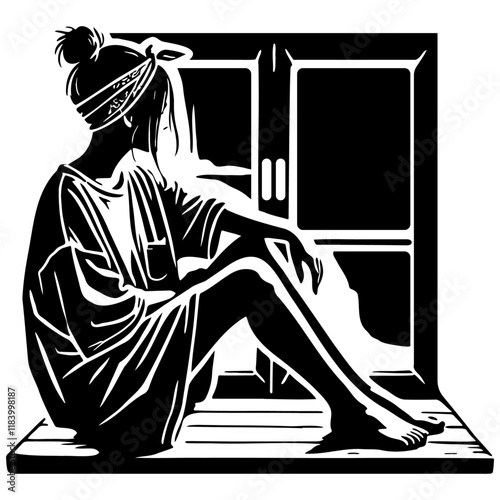 Woman Sitting Windowsill Illustration.