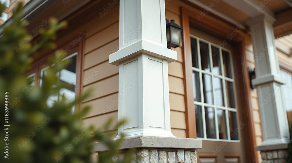 Close-up view of a house exterior featuring tan siding, white porch columns with stone bases, and a multi-paned window with a wood frame. Green foliage is slightly out of focus in the foreground. Close-up view of a house exterior featuring tan siding, white porch columns with stone bases, and a multi-paned window with a wood frame. Green foliage is slightly out of focus in the foreground.