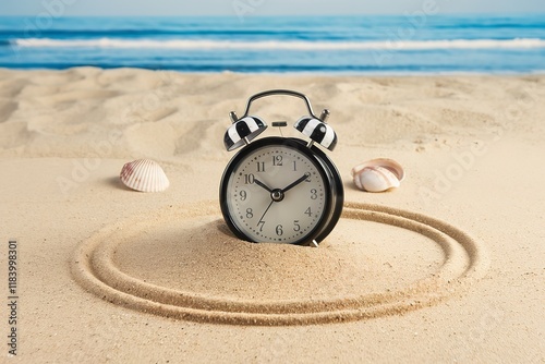 A photo of an alarm clock placed on a pile of beach sand photo