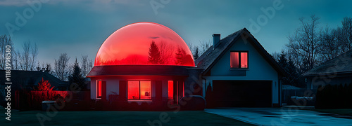 habitation protégée par un système d'alarme sous la forme d'un dôme rouge autour de la maison photo