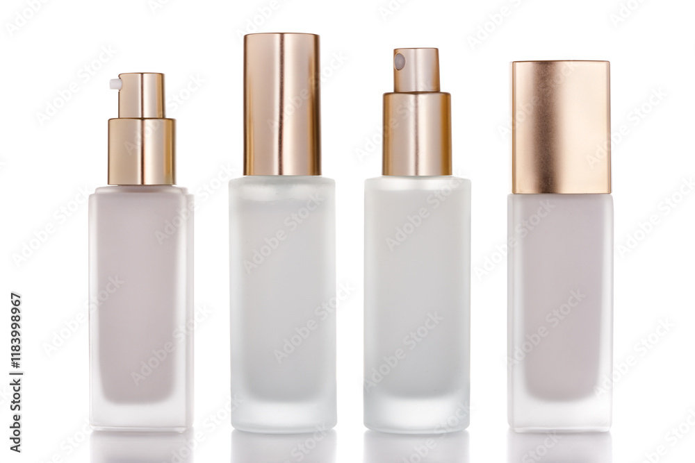 Group of glass cosmetic bottles isolated on white background with, lotion pump and spray pump. Group of glass cosmetic bottles isolated on white background with, lotion pump and spray pump.