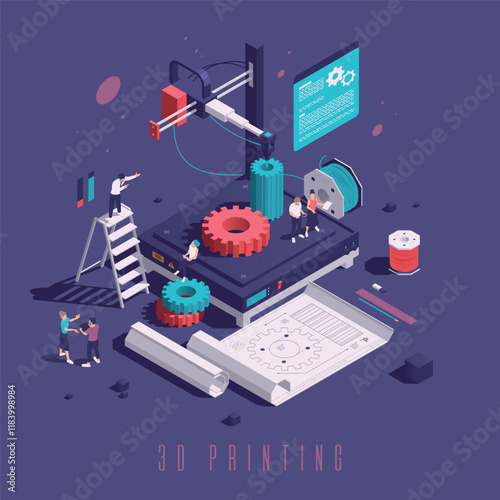 Isometric 3D Printing Illustration with Gears and People