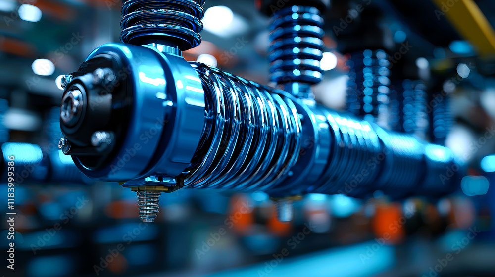 Close-up of a Blue Metal Shock Absorber: Industrial Engineering and Automotive Technology Close-up of a Blue Metal Shock Absorber: Industrial Engineering and Automotive Technology